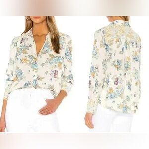 Free People Button Down Multi Print Collar Long-Sleeve Blouse - Ivory XS
